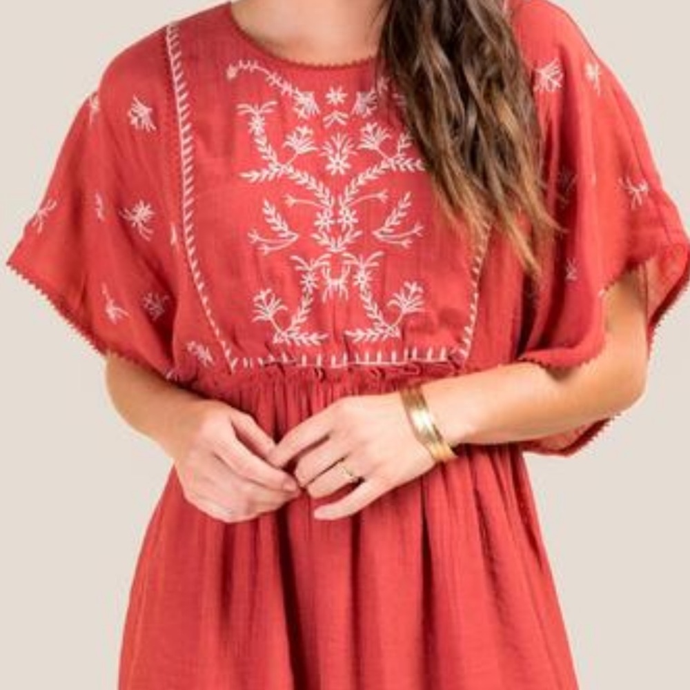 Francesca's Collections Embroidered Wide Sleeve Mini Dress in Red Orange
